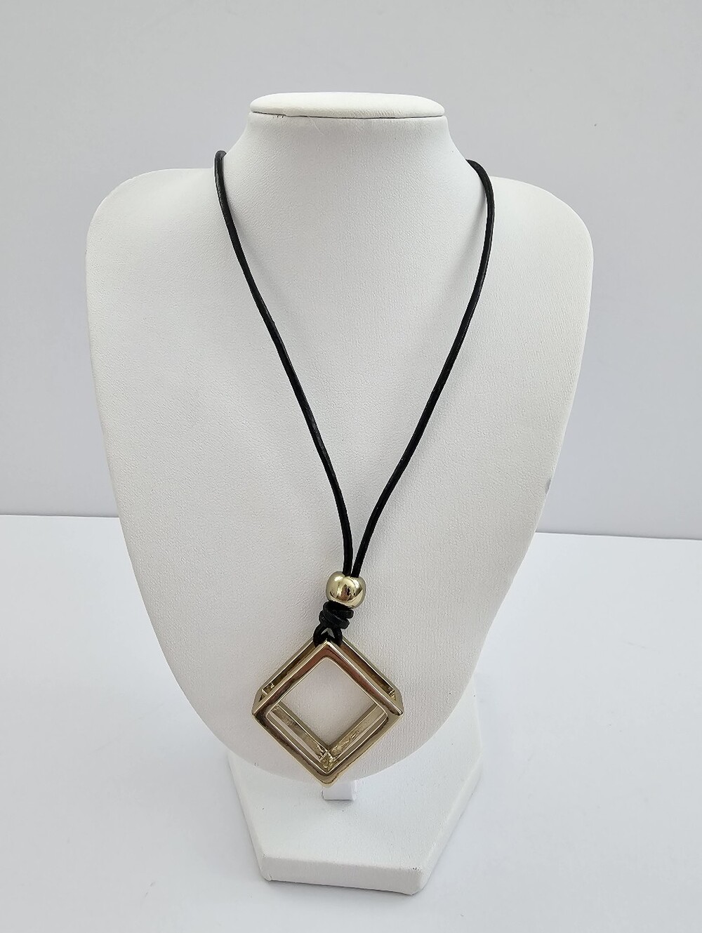 Chico's Gold Tone Open 3D Cube Pendant Black Cord Statement Necklace